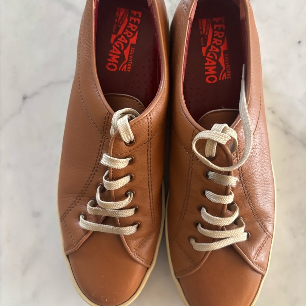 Women’s Salvatore Ferragamo Tan Leather Sneakers with Cream Laces